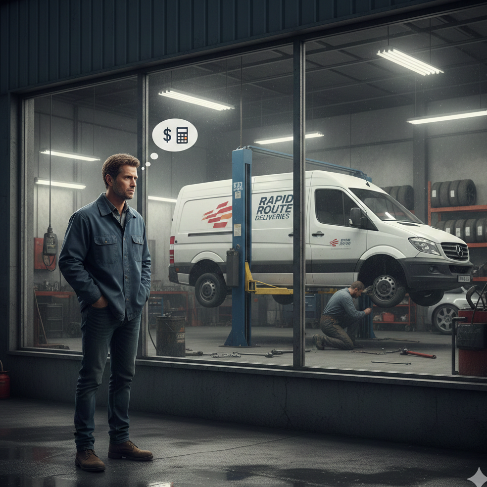 Repartidor preocupado por los costes de mantenimiento de su furgoneta